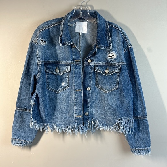 Zara Womens Distressed Denim Medium Wash High Low Jean Jacket Size Small Western - Picture 7 of 16